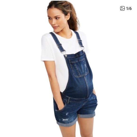 Indigo Blue Women's Maternity Denim Overall Shorts - Picture 3 of 9